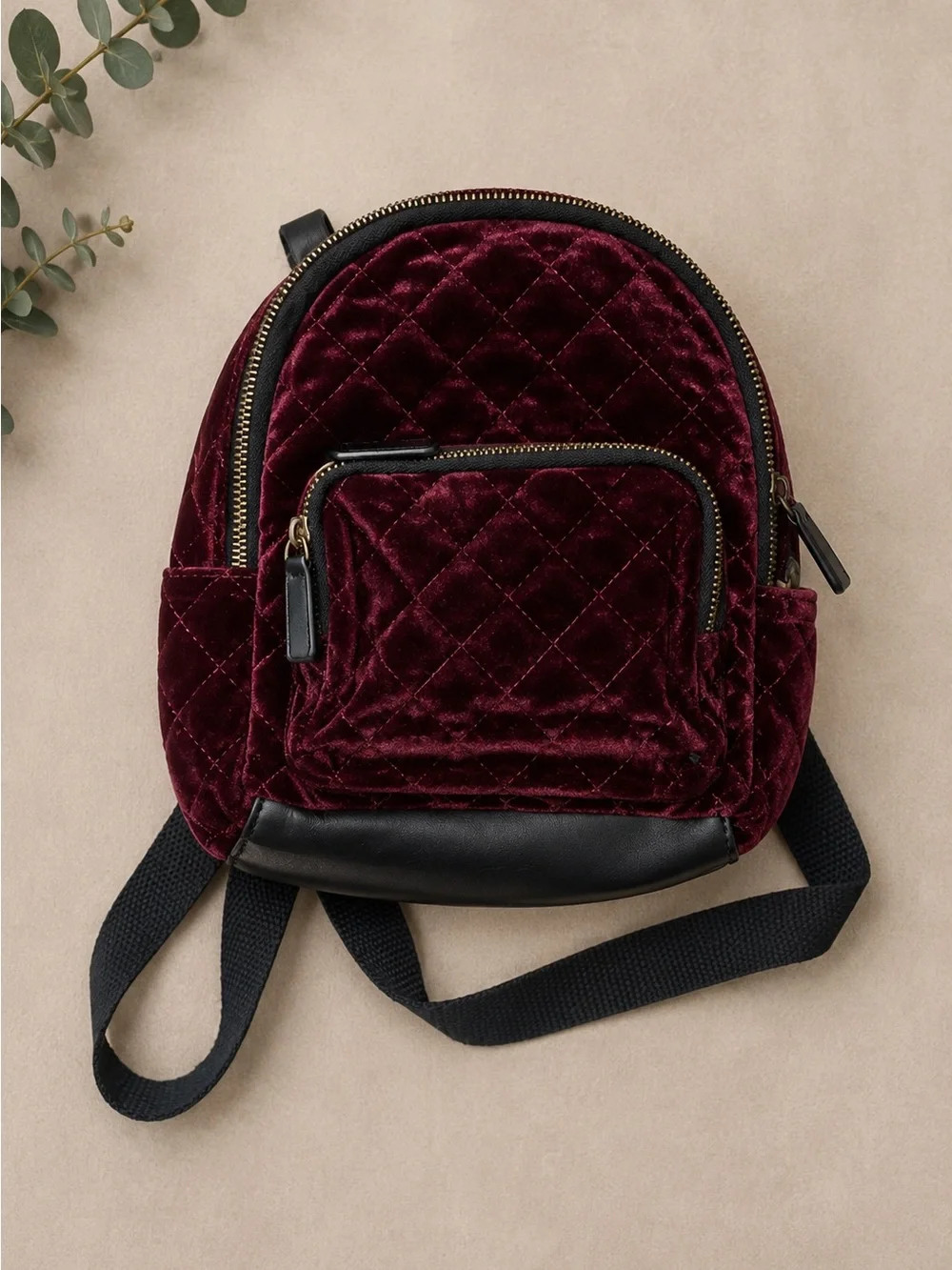 Art Class Burgundy Quilted Velvet Mini Backpack Adjustable Straps